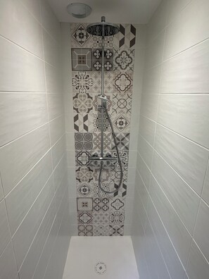 Douche, séchoir à cheveux, serviettes fournies, savon