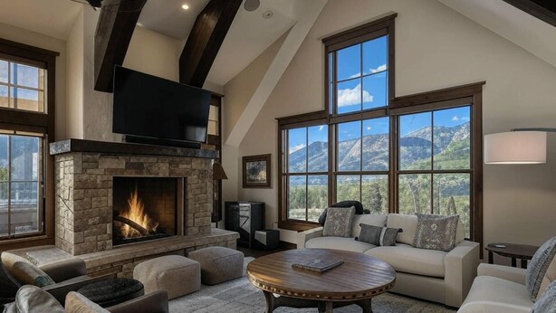 A spacious living room with a stone fireplace, comfortable seating, and large windows offering mountain views. - 10 Trails Edge-Curate Telluride, Ski-in/out, Walk to Gondola, Market, Hot Tub (Mountain Village)