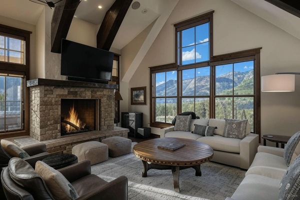 Smart TV, fireplace, books, stereo