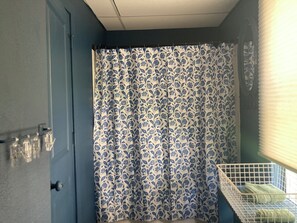 Hair dryer, towels, soap, shampoo
