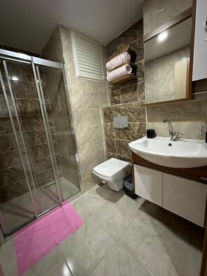 Dusche, kostenlose Toilettenartikel, Haartrockner, Handtücher