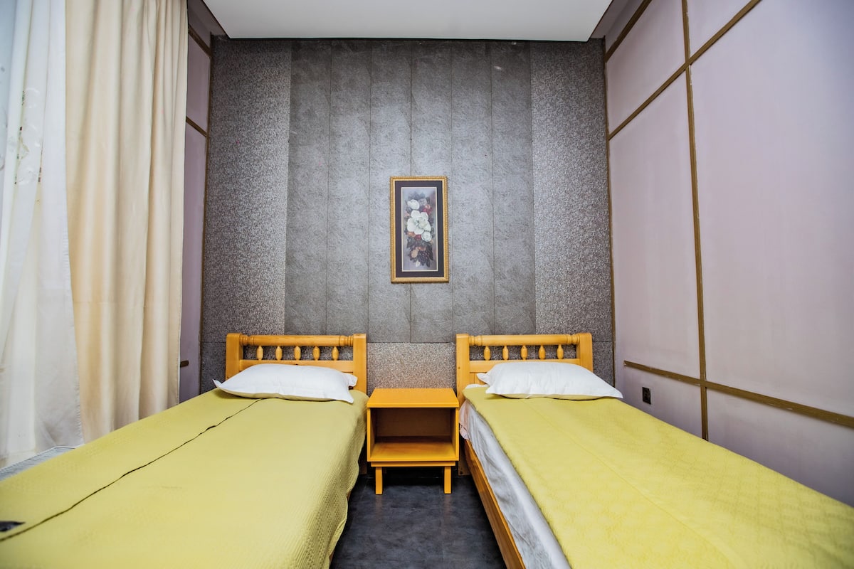 Quarto com duas camas de solteiro, uma pequena mesa de cabeceira de madeira, um quadro na parede e uma janela com cortinas.
