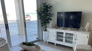 Un salon avec un meuble blanc, un téléviseur et une plante en pot.
