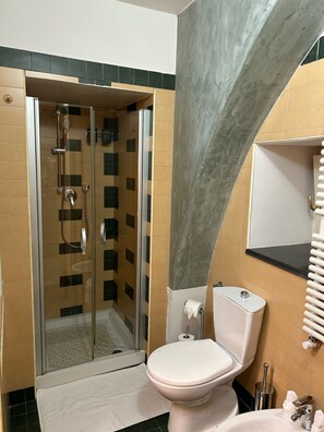 Douche, sèche-cheveux, bidet, serviettes fournies