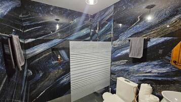 Regadera, secadora de cabello, toallas, jabón