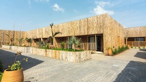 Un bâtiment moderne avec une façade en bambou, une entrée pavée et des plantes en pot.