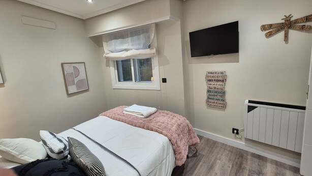Un dormitorio con cama, una ventana con cortina translúcida, televisor montado en la pared, radiador fijado a la pared y una libélula decorativa.