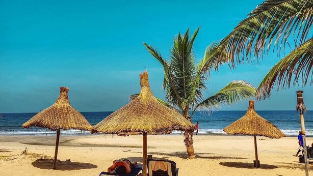 Een strand met rieten parasols en ligbedden, palmbomen en de oceaan op de achtergrond.
