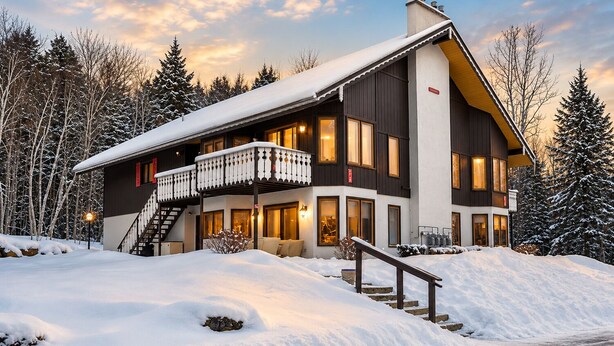 Eine zweistöckige Lodge mit Balkon und Treppe, vor einer verschneiten Landschaft.