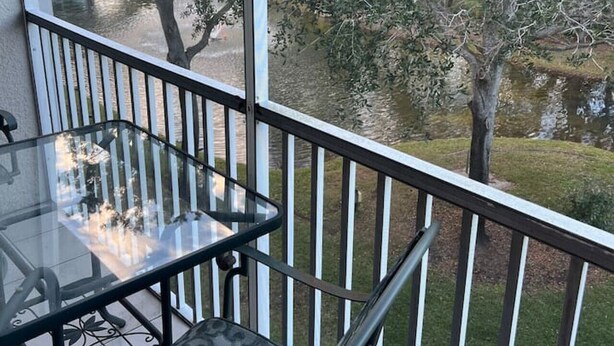A balcony with a glass table and chairs, overlooking a pond and trees. - Paradise Lust at Paradise Lakes Nudist resort (Lutz)