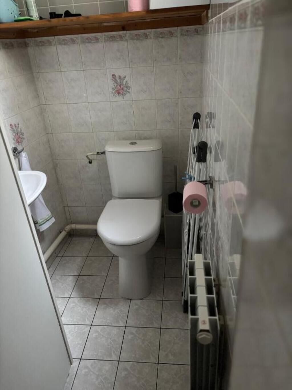 Un bagno piccolo con il water, un lavandino e una doccia.