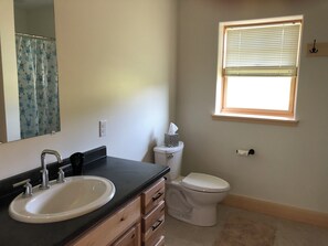 Shower, towels, soap, toilet paper