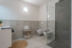 Shower, hair dryer, bidet, towels