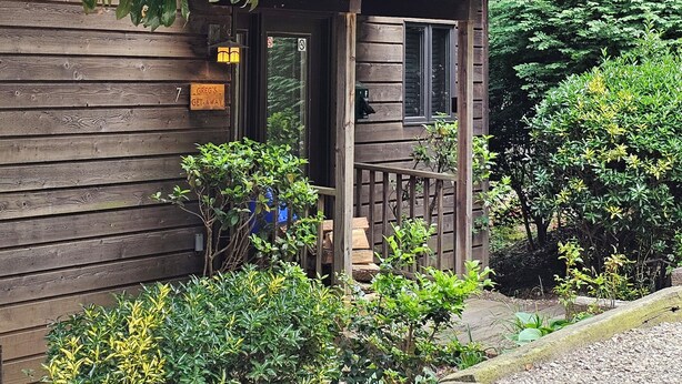 A small wooden cabin with a porch, surrounded by lush greenery and a gravel path. - Trade the Hotel for a Hot Tub During PGA TOUR Asheville (Asheville)