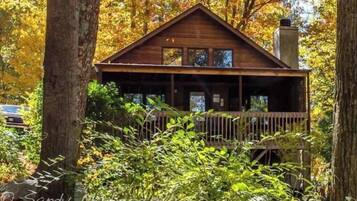 A wooden cabin with a porch, surrounded by trees with autumn foliage.