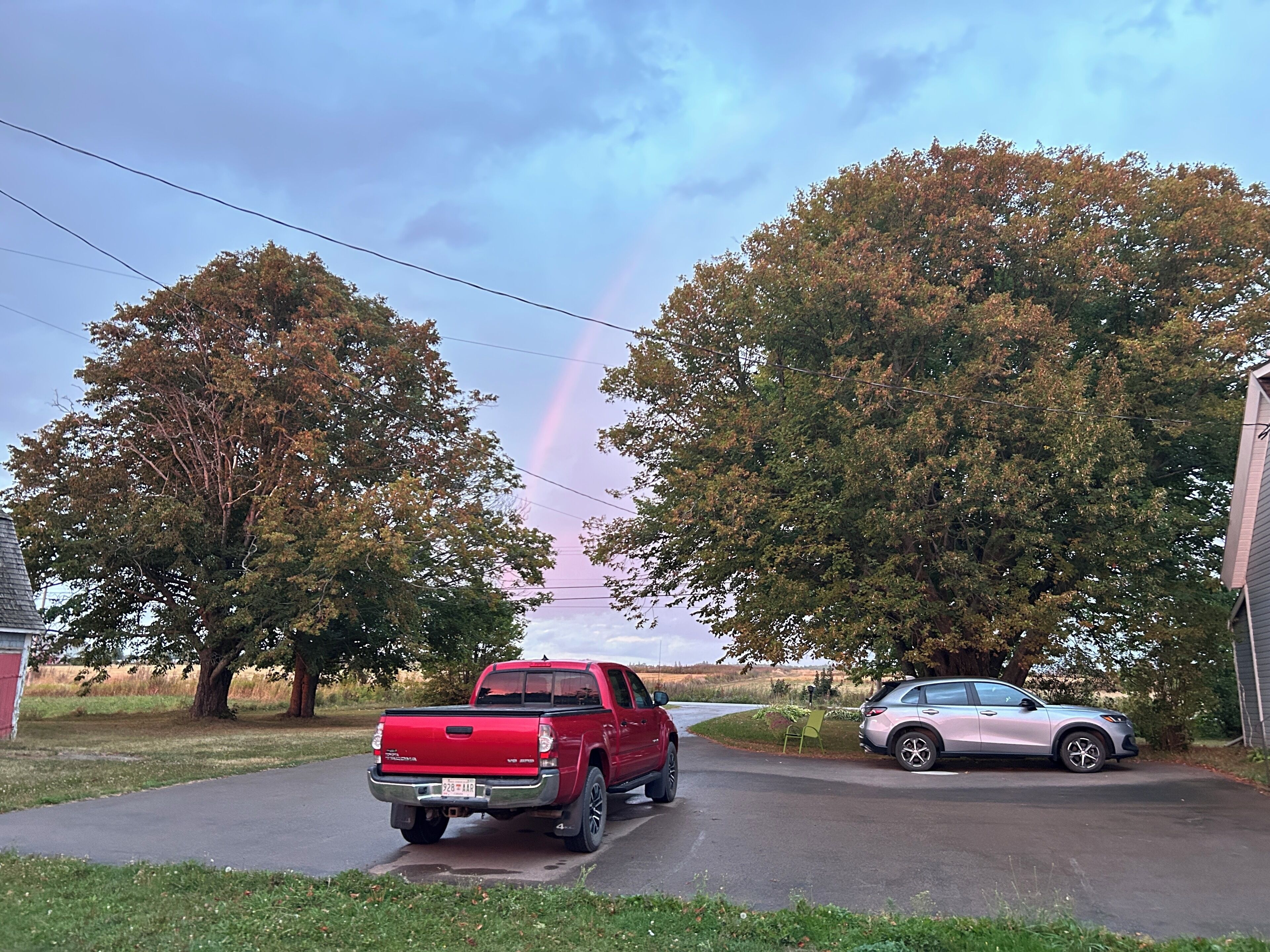 A red pickup truck parked on a driveway with a pink car beside it, surrounded by trees and a clear sky.
