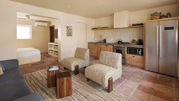 Um espaço compacto com cozinha americana, duas poltronas estampadas, um sofá e um tapete pequeno.