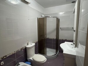 Douche, sèche-cheveux, bidet, serviettes fournies