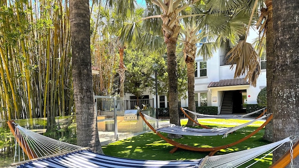 Una hamaca instalada entre árboles en un jardín cuidado, con un edificio al fondo.