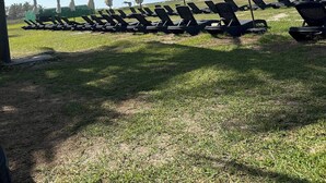 A row of black lounge chairs and white umbrellas on a grassy area with a clear blue sky.