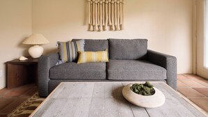 Een woonkamer met een grijze bank, een houten salontafel met een plant, een lamp en een wanddecoratie.