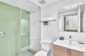 Hair dryer, towels, soap, toilet paper