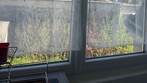 A window with a view of a building and a garden. - Le Gambetta (Gien)