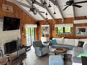 智能电视、壁炉、DVD 播放器、书