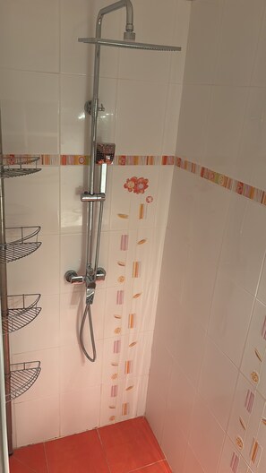 Shower, hair dryer, towels, toilet paper