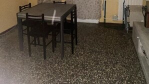 Un espace de vie compact comprenant une table et des chaises, un canapé, un téléviseur et un rideau à motifs.