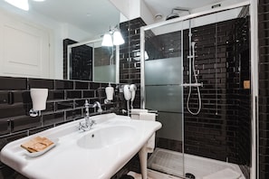 Shower, hair dryer, bidet, towels