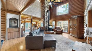 Smart TV, fireplace, books, printers