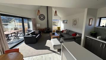 TV, fireplace, video library