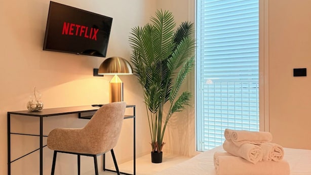 Quarto de hotel com uma cama, uma escrivaninha com cadeira, uma planta em vaso, uma TV exibindo 'NETFLIX' e uma janela com persianas.