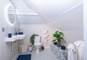 Shower, hair dryer, bidet, towels