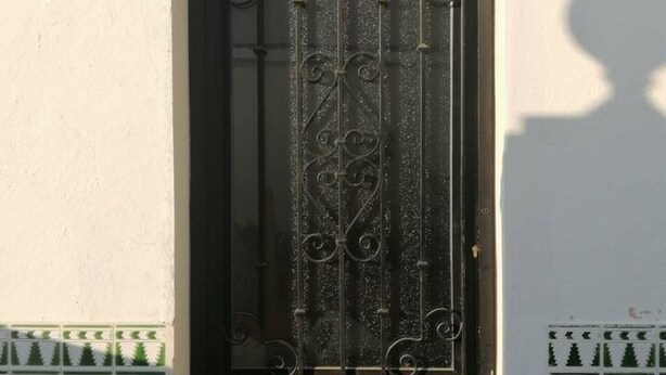 A black metal gate with intricate designs, set against a white wall with decorative green patterns at the base. - Lacasadesowsam (Granada)