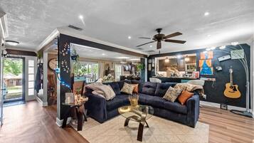 Smart TV, fireplace, video games, DVD player