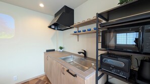 Fridge, microwave, stovetop, electric kettle