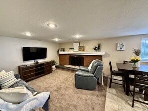 Smart TV, fireplace, books