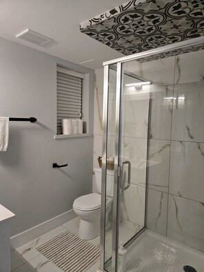 Shower, hair dryer, bidet, towels