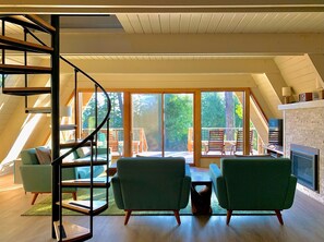 Smart TV, fireplace, video games, DVD player