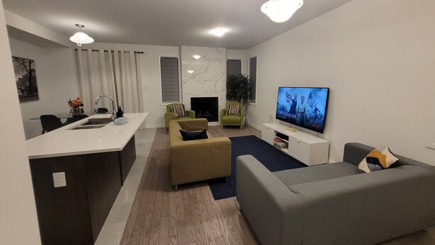 A modern living room with a grey sofa, a beige sofa, a TV, and a fireplace.