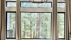A bedroom with a large bed, a bench, and a view of a forest through large windows.