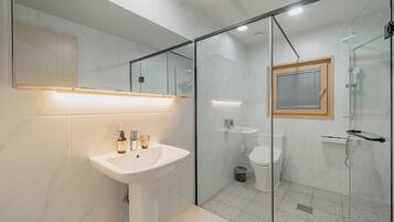 A modern bathroom with a glass-enclosed shower, a white sink, and a toilet.