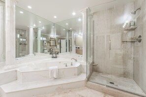 Shower, jetted tub, hair dryer, towels