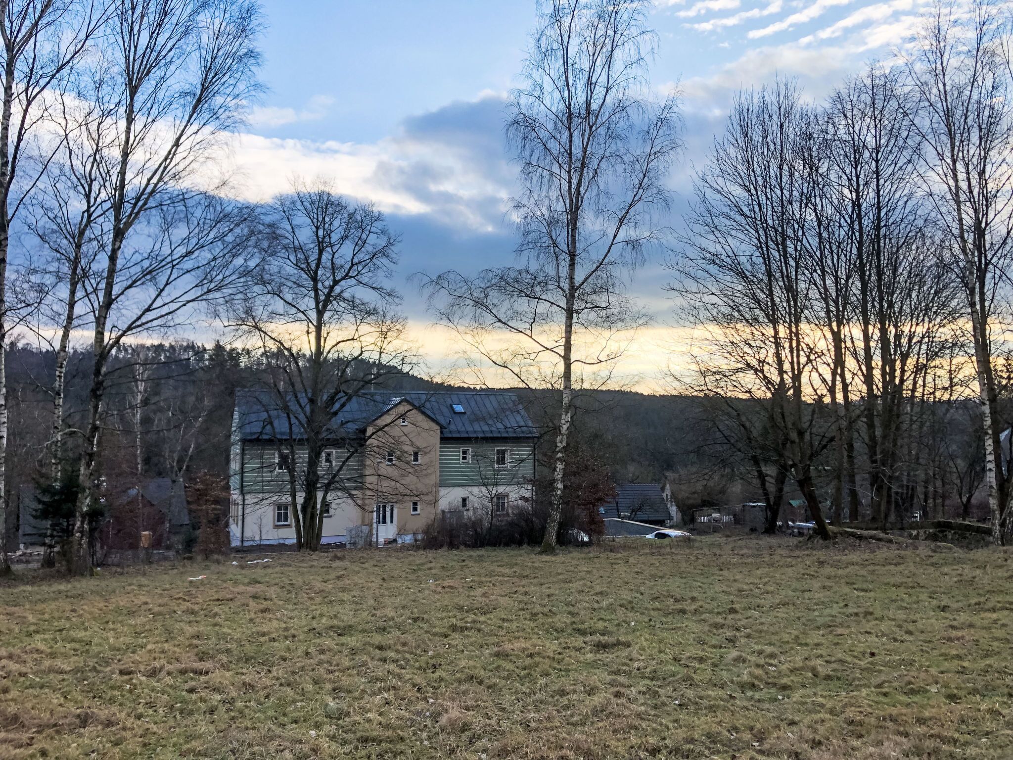 A rustic house with a sloped roof, surrounded by a grassy field and leafless trees.