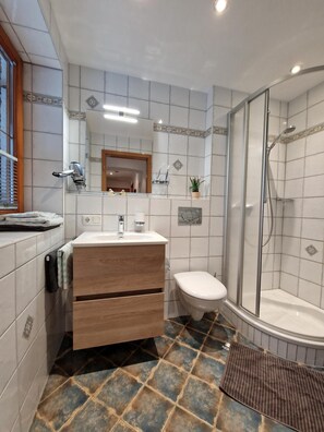 Shower, hair dryer, towels