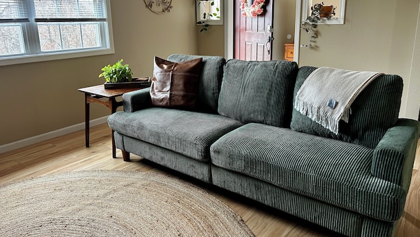 A cozy living room with a green sofa, a small wooden table with a plant, and a large window with blinds.