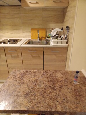 Jääkaappi, mikroaaltouuni, liesi, kahvin-/teenkeitin