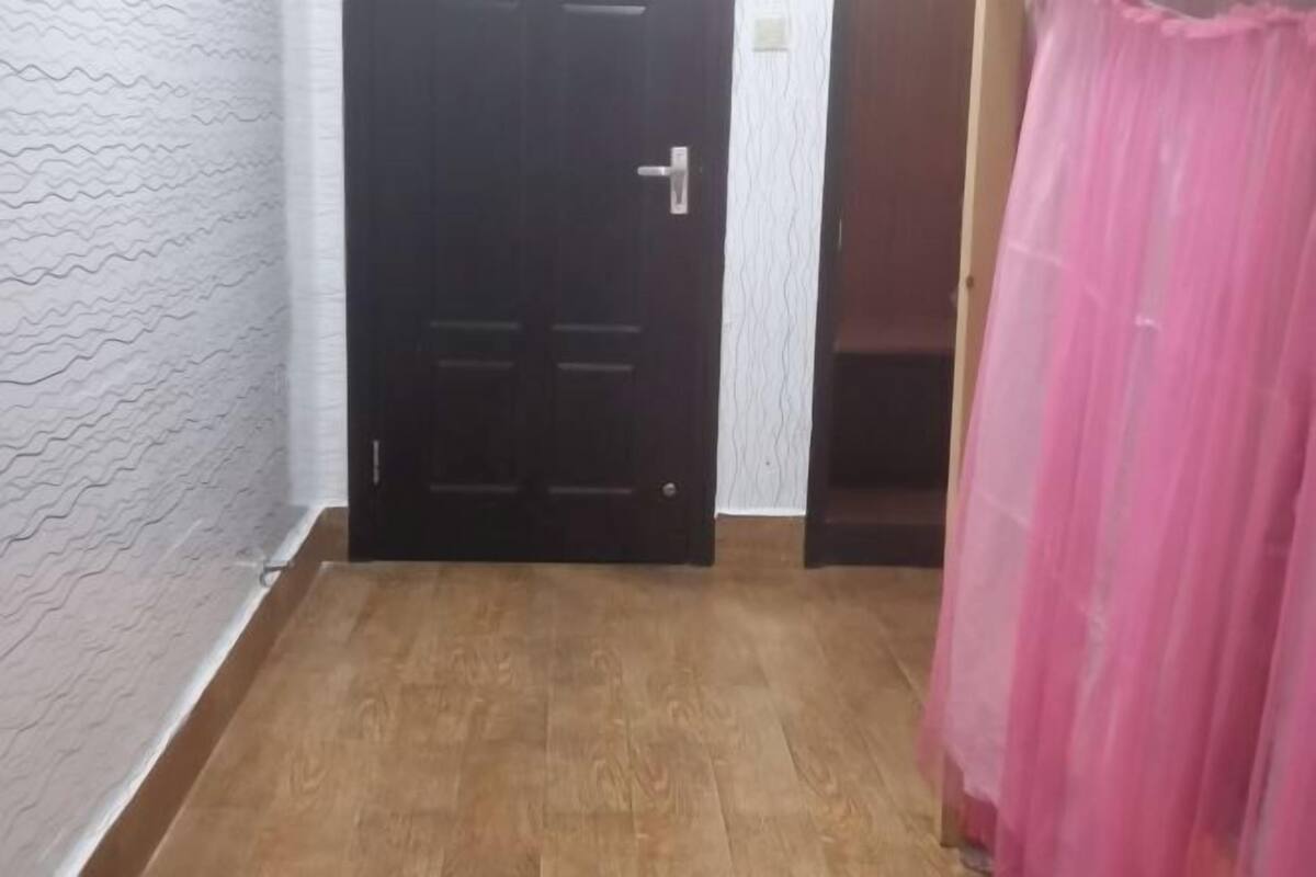 A hallway with a wooden floor, a black door, and a pink curtain.
